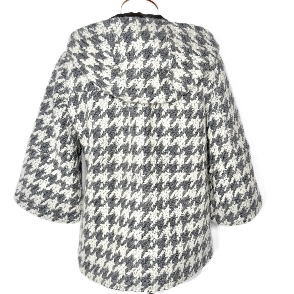 Anthropologie Houndstooth Gray Tweed Crochet 3/4 Sleeve Hooded Peacoat Jacket S - Picture 7 of 14
